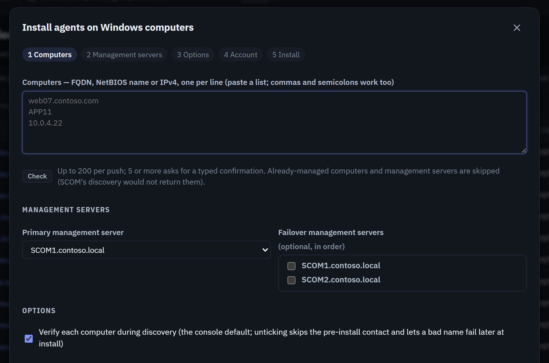 The Install agents wizard in SCOM Pulse: a five-step flow for computers, management servers, options, account and install, showing a box for computer names, a primary management server with optional failover servers, options to verify each computer during discovery and enable agent proxy, and a choice between the management server action account and another domain account.