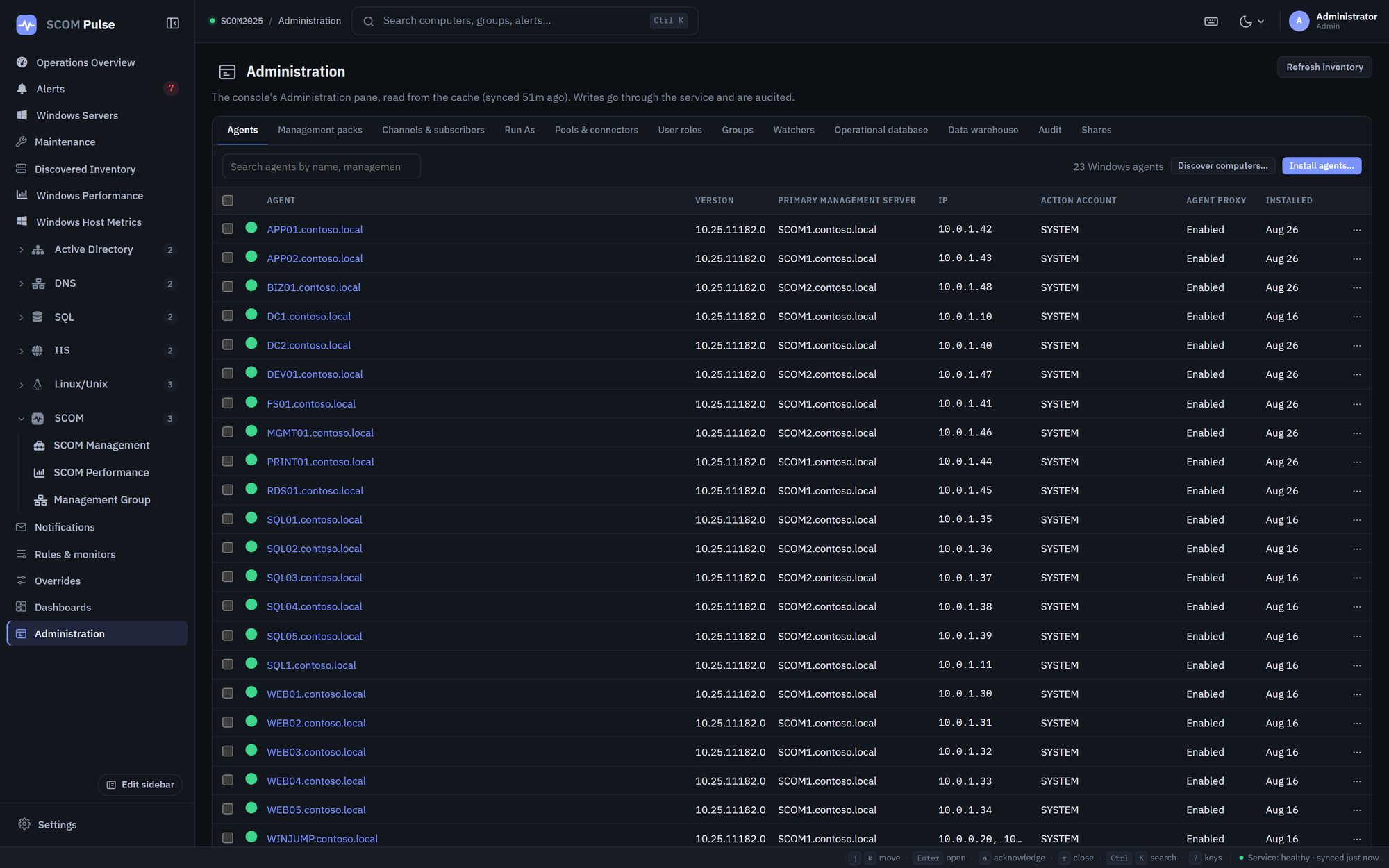 The Administration area of SCOM Pulse showing the Windows agent inventory, with a Discover computers button and an Install agents button in the toolbar, and a table of agents listing health, name, version, primary management server, IP address, action account, agent proxy setting and install date.
