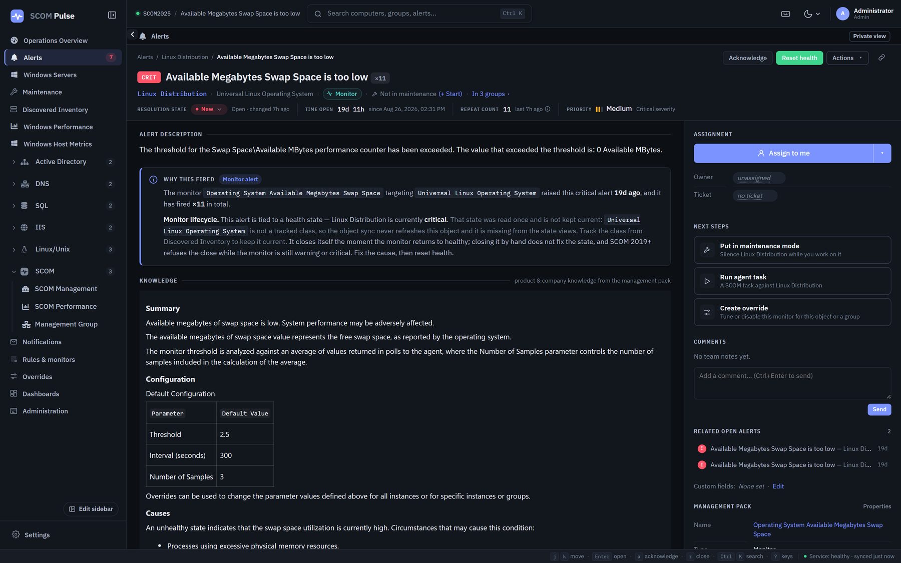 An alert detail page in SCOM Pulse showing the alert description, a "why this fired" explanation of the monitor and its lifecycle, the management pack knowledge with summary, configuration and causes, and a right-hand column with assignment, next steps, comments and related open alerts.