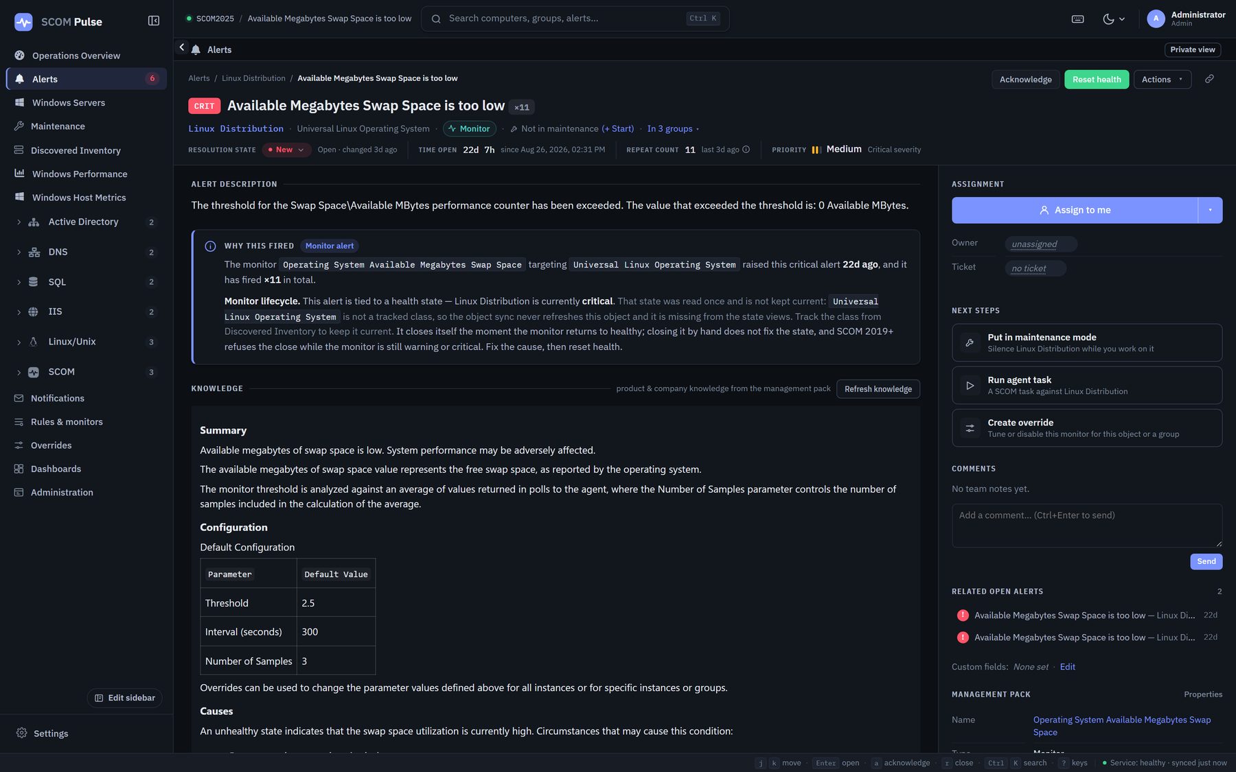 A SCOM Pulse alert detail page showing the alert description, a "why this fired" explanation of the monitor and its lifecycle, management pack knowledge with summary, configuration and causes, and a sidebar with assignment, next steps, comments and related open alerts.