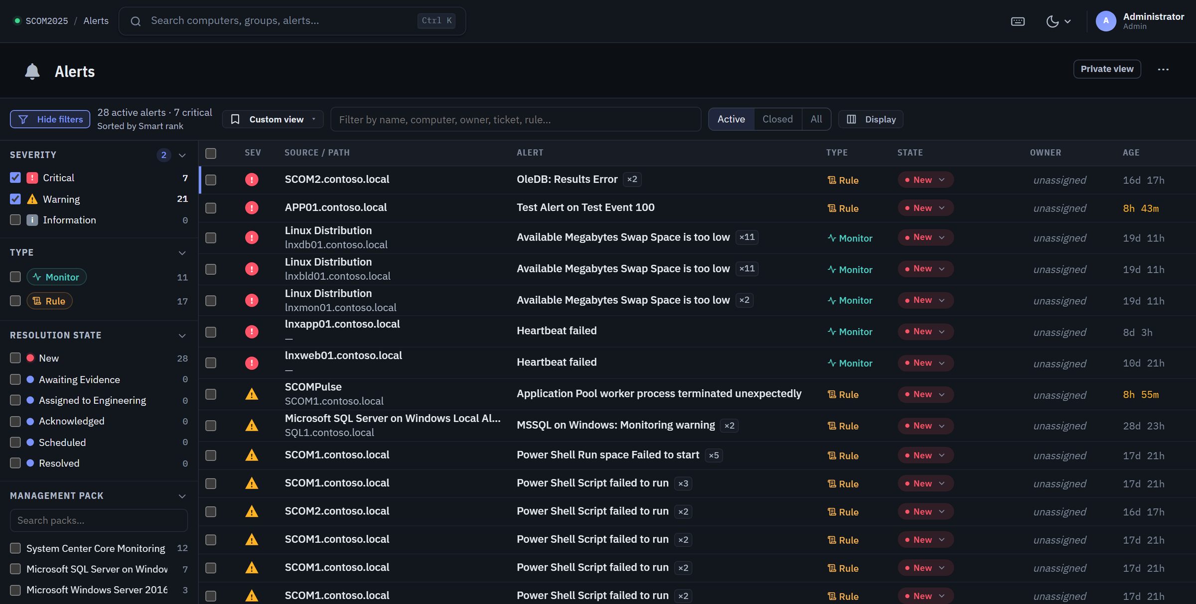 The SCOM Pulse Alert Center in dark mode: filters for severity, type, resolution state and management pack down the left, and a sortable grid of 28 active alerts showing source computer, alert name, type, resolution state and owner.