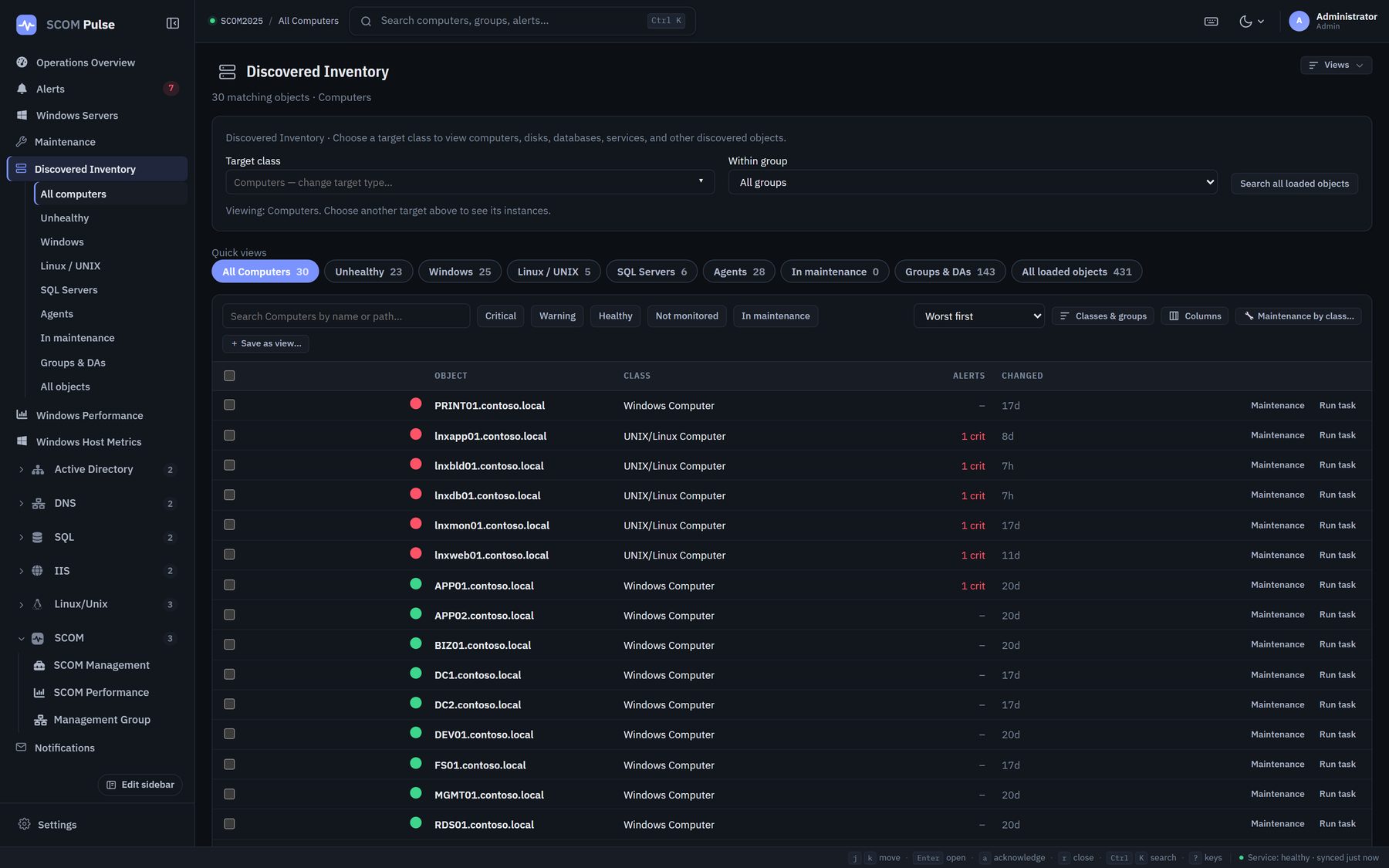 Discovered Inventory in SCOM Pulse: a target class picker set to Computers and a Within group filter, quick views for all computers, unhealthy, Windows, Linux/UNIX, SQL Servers, agents, objects in maintenance, groups and distributed applications, and all loaded objects, above a table of 30 matching computers with health, class, alerts and last change.