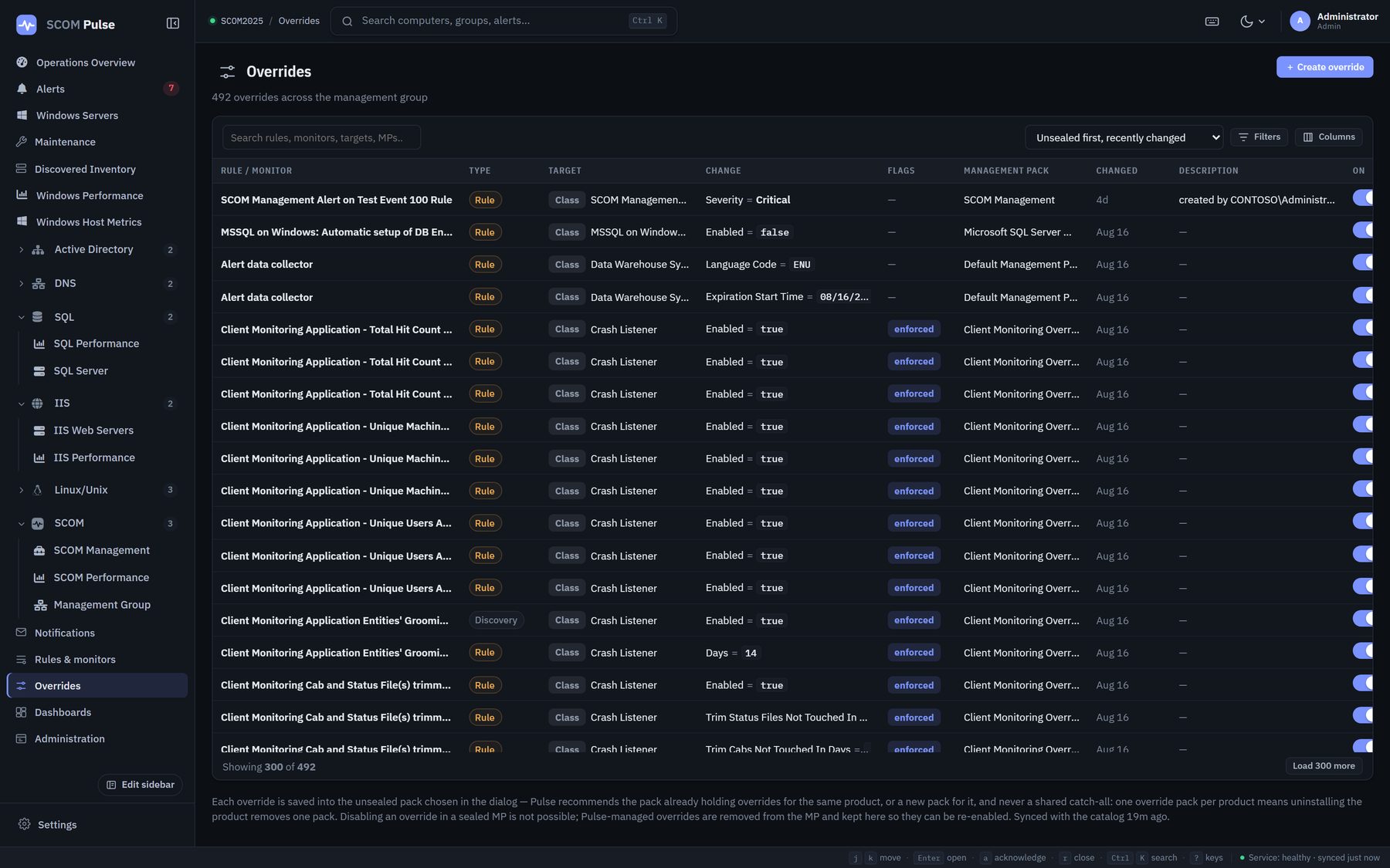 The overrides browser in SCOM Pulse listing 492 overrides across the management group, grouped unsealed-first and recently changed, showing the rule or monitor, type, target, the changed value, flags, management pack, when it changed and edit and delete actions.