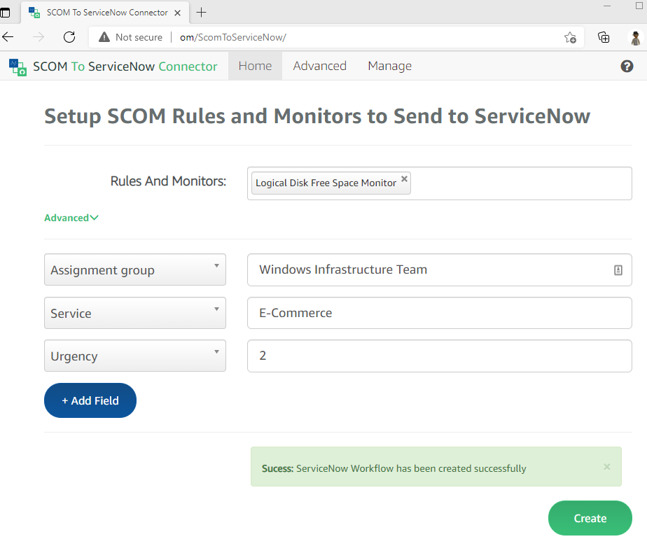 SCOM To ServiceNow Connector Screenshot